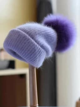 Winter Women's Real Fox Fur Pom-Pom Knitted Beanie Cap with Rabbit Fur Trim and Cashmere Touch