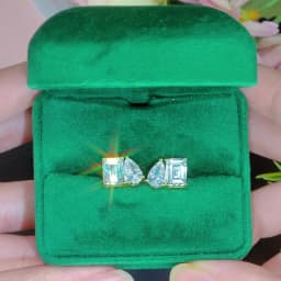 OXTAO Two Stone Cubic Zirconia Stud Earring Emerald &Pear Cut for Women Statement Earrings Wedding Party Jewelry 14K Gold Filled