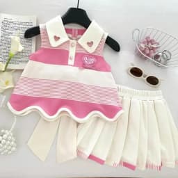 Korean Version Summer New Sweet and Cute Pink Love Collar Striped Bow Top+pleated Skirt Two-piece Set for Girls Aged 2-9
