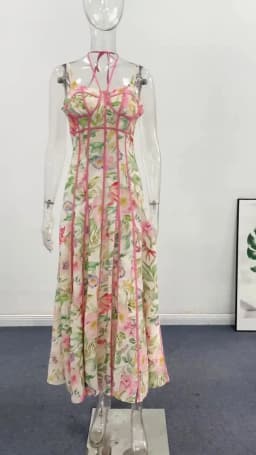2026 Women's Boho Floral Print Halter Neck Maxi Dress Corset Bustier Pink Trim A-Line Flowy Summer Vacation Beach Dress