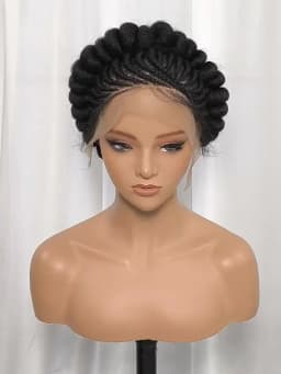 Synthetic Cornrow Braids Turban Wig Pre-Plucked Full Lace Braided Bantu Wig with Baby Hair 8Inch Natural Black for Black Women