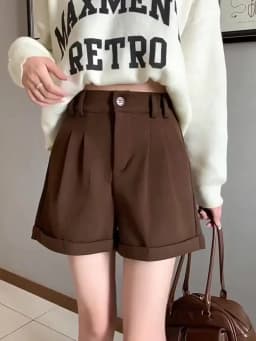 Women Office Lady Summer 2025 Solid Brown Thick High Waist Shorts Korean Style Wide Leg Boot Pants