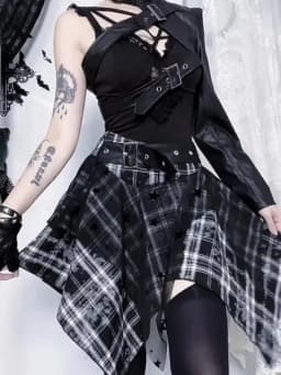 Goth Dark Punk Gothic Grunge Irregular Lace Hem Mini Skirts Women Mall Goth Plaid Pleated Skirt Belt Y2K Alt Streetwear Bottoms