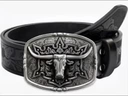 Western Cowboy Couple Style Men's Belt - Irregular Pattern Carving Flower Long Horn Cow Head Smooth Buckle Women's Belt - Countr