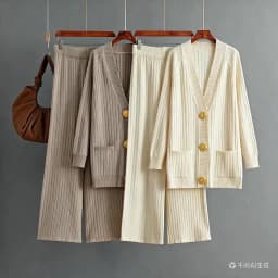Autumn/winter Casual Women's Knitted Pants Set V-neck Long Sleeved Single Breasted Knitted Sweater Cardigan+ Wide Leg Pants