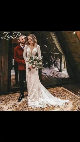 ZanBan Customized Long Sleeves Floral Lace V Neck Boho Wedding Dress Deep V Neck Open Back Modest Rustic Civil Bridal Gown 2025