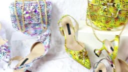 Venus Chan Elegant Rhinestone Heels & Matching Bag Set, Colorful Print Pointed Toe Block Heels for Banquet Club Night