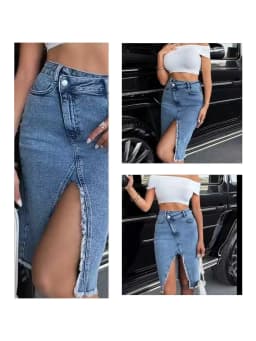 High-waisted Denim Skirt with Side Slit and Raw-edge Hem