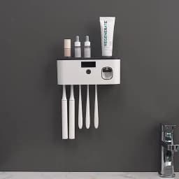 1 Smart Toothbrush Sterilizer, Toothbrush Storage Rack with 5 Brush Slots, Toothpaste Dispenser, Wall Mounted Holder