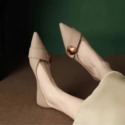 Pointed Toe Low Heel Pumps for Women, New Metal Buckle Soft Leather Office Shoes, French Style Chunky Heel Work Flats