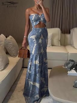 Bonnie Forest Women's Tropical Palm Print Drawstring Pleated Long Dress Summer Holiday Outfits Girls Cut-Out Ruffles Beach Dress