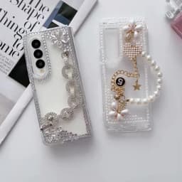 for Samsung Galaxy Z Fold 4 Case Cute for Women Girls Luxury 3D Handmade Sparkle Pearl Strap Chain Diamond Bling Glitter Cover