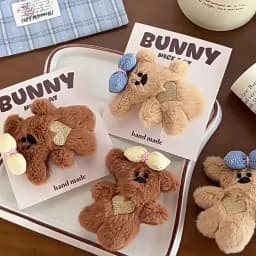 New Plush Bear Hair Clip Side Claws Bowknot Bear Barrettes Headdress for Women Cute Coffee Hairpin Bobby Pins for Broken Hair