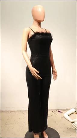 HLJ Sexy Sequin Feather Splicing Spaghetti Strap Party Club Jumpsuits Women Sleeveless Backless Straight Playsuits Lady Overalls