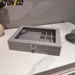 Velvet Ring Organizer Box - Clear Lid Jewelry Holder, Dust-Proof Storage Tray for Rings and Earrings for Multiple Jewelry Pieces