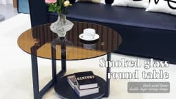 80cm Amber-Tinted Tempered Glass Coffee Table Modern Center Table Side Table with Sintered Stone Tier for Home Office Decor