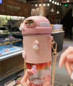 Cute Rabbit Ear Plastic Water Bottles With Straw For Girls Kids Portable Strap Student Bottle With Cup Cover Anti-drop BPA Free