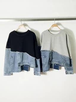 [EAM] Black Denim Irregular Casual Sweatshirt New Round Neck Long Sleeve Women Big Size Fashion Tide Spring Autumn 2026 1DH5370