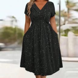 Ladies' elegant plus size powder sprinkled shiny twisted knot with pockets V-neck dress