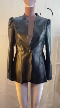 Lautaro Autumn Black Slim Soft Pu Leather Jacket Women Deep V Neck Long Puff Sleeve Elegant Luxury Skirted Blazer Fashion 2021
