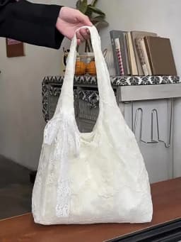 Vintage Soft Lace Large Capacity Tote Bag with Delicate Bow Accent Cream Shoulder Purse for Women Beach Summer Underarm Bag Use