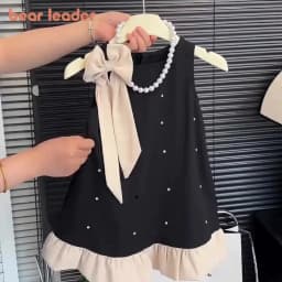 Korean Version Fashion Black Hepburn Style Round Neck Sleeveless Polka Dot Bow Princess Dress for Girls' Birthday Parties