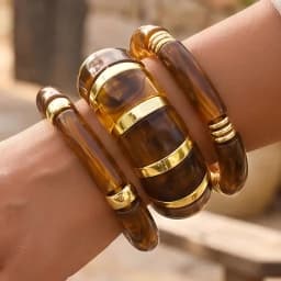 3pcs Brown Acrylic Bamboo Style Bangle Bracelet Set for Women Vintage Tortoiseshell Fashion Chunky Stackable Wrist Jewelry Gifts