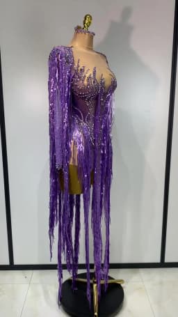 Women Sparkly Diamond Purple Tassel Long Sleeves Mesh See Through Dress Latin Dance Outfits Bar Nightclub Party Club Stage Wear