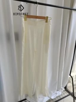 Birdtree 19MM 95% Real Silk Double Joe Summer Pants Women Loose Straight Wide Leg Pants Women's High Waist Pantalon B37958QD