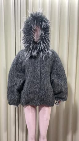 Nerazzur Autumn Winter Warm Thick Grey Oversized Quilted Blends Coat for Women with Faux Fur Trim Hood Loose Casual Woolen Coat