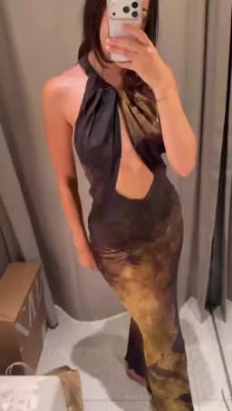 Gradient Printed Women's Maxi Dress Tie Halter Neck Front Chest Cut Out Midriff Hollow Full Bare Back Flared Fish Tail Skirt