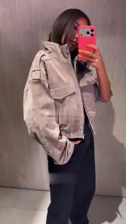 Women's Suede Bomber Jacket Loose Stand Collar Zipper Long Sleeve Elastic Hem Solid Cropped Jackets 2026 Autumn Lady Street Coat