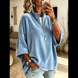 Autumn Winter Velvet Solid Half Zip Sweatshirts Stand Collar 3/4 Sleeve Loose Casual Pullover Tops Women Vacation Daily Hoodie