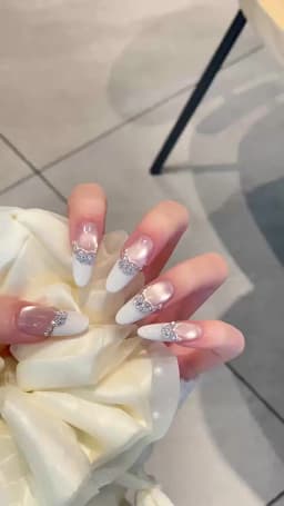 10pcs Long Oval French Handmade Nails Mirror Veil Zircon Cat's Eye Press on Nail White Full Coverage Nail Tips for Women&Girl