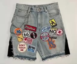 Retro Blue Streetwear Patchwork Denim Short Y2K Jeans Men Women Hip Hop Cartoon Graphics Loose Metal Denim Fitness Casual Shorts