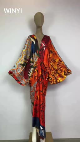 Sexy Beach High-Quality Hand-Rolled Feel Silk Rayon Fashion Print 2021 WINYI Maxi Women's Robes Long Beach V-Neck Bohemian Dress