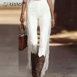 Western Vintage Patchwork Tassel Pants Woman 2026 Spring Elegant High Waist Slim Bodycon Trousers Summer Skinny Streetwear Pants