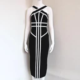 BEAUKEY Classic White And Black Stripes Bandage Long Evening Dress Luxury Contrast Vintage Woman Bodycon Elastic Dress Slim Midi