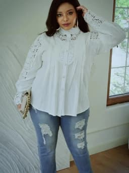 Plus Size Spring Women's Elegant Lantern Sleeve Solid Color Pleated Shirt