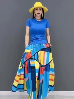Elastic Waist A-Line New 2023 Summer Korean Style Woman Long Blue Printed Skirt Pockets Loose Fit Casual Holiday Skirt JJSK031
