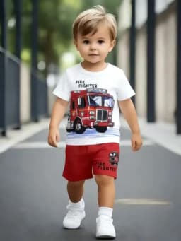 Summer New Arrival Boys White Red Color Block Fire Truck Print Short Sleeve Shorts Set