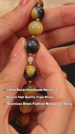 Yhpup Maillard Natural Stone Tiger Round Beads Chain Collar Necklace Stainless Steel Handmade Jewelry Waterproof for Women Gift