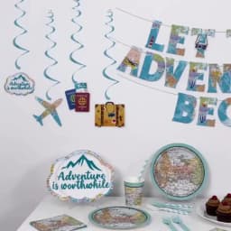 Global Travel Disposable Tableware Plates Cups Hanging Spiral Cake Topper Balloons Adventure Retirement Graduation Party Decor