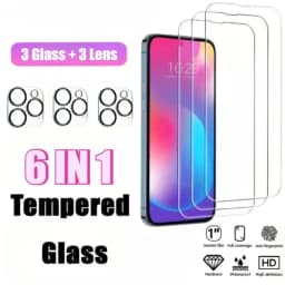 6-IN-1 Tempered Glass Screen Protector For iPhone 16 15 14 Pro Max 14 15 Plus Camera Lens Glass For iPhone 16e 13 11 12 Pro Max