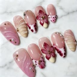 10Pcs 3D Flower Gold Beads Handmade Press On Nails Nude Pink French Almond Fake Nail M/S/XS Artificial Wearable False Fingertips