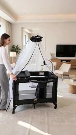 Steanny Pack N Play, All-in-one Playard with Bassinet, Pack and Play, Bedside Sleeper Foldable Travel Cribs with 4 Wheels, Changing Table, Mosquito Net, Toys Bars with Music, Unisex Playpen Combo Bassinet