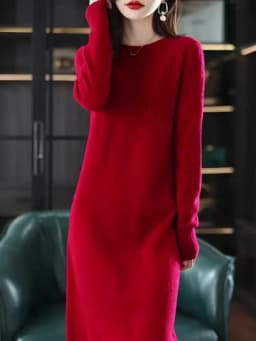 Round Neck Cashmere Dress Women's Long Pullover Sweater Autumn And Winter New Knitted Knee-Length Pure Wool Dress
