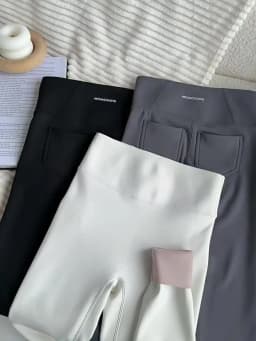 BIVIGAOS Fall Winter Fleece Warm Back Pocket Sharkskin Leggings Women High Waist Casual Thick Velvet Leggings Tight Brushed Pant