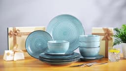 Vancasso 24/48 Piece Blue Plates Dinner Sets Two-Sided Dinnerware Sets Handpainted Spiral With 6 Dinner Plate/Dessert/Soup/Bowl