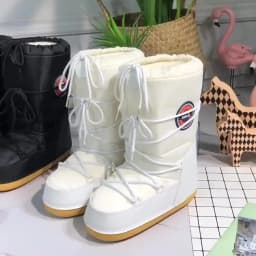 2024 Winter Snow Boots Women Ski Boots Fluffy Hairy Lace Up Middle Calf Platform Flat With White Ski Boots
